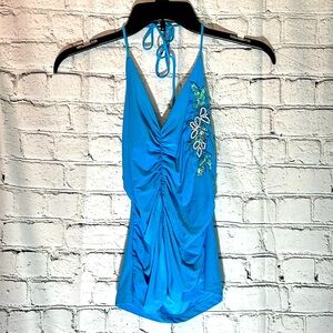 ⭐️ Toomi turquoise ruched sides center halter crop top pearls & sequins S